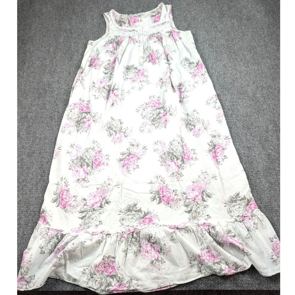 Eileen West Cotton Lawn Nightgown Small Pink Floral Lace Trim Sleeveless Ruffle